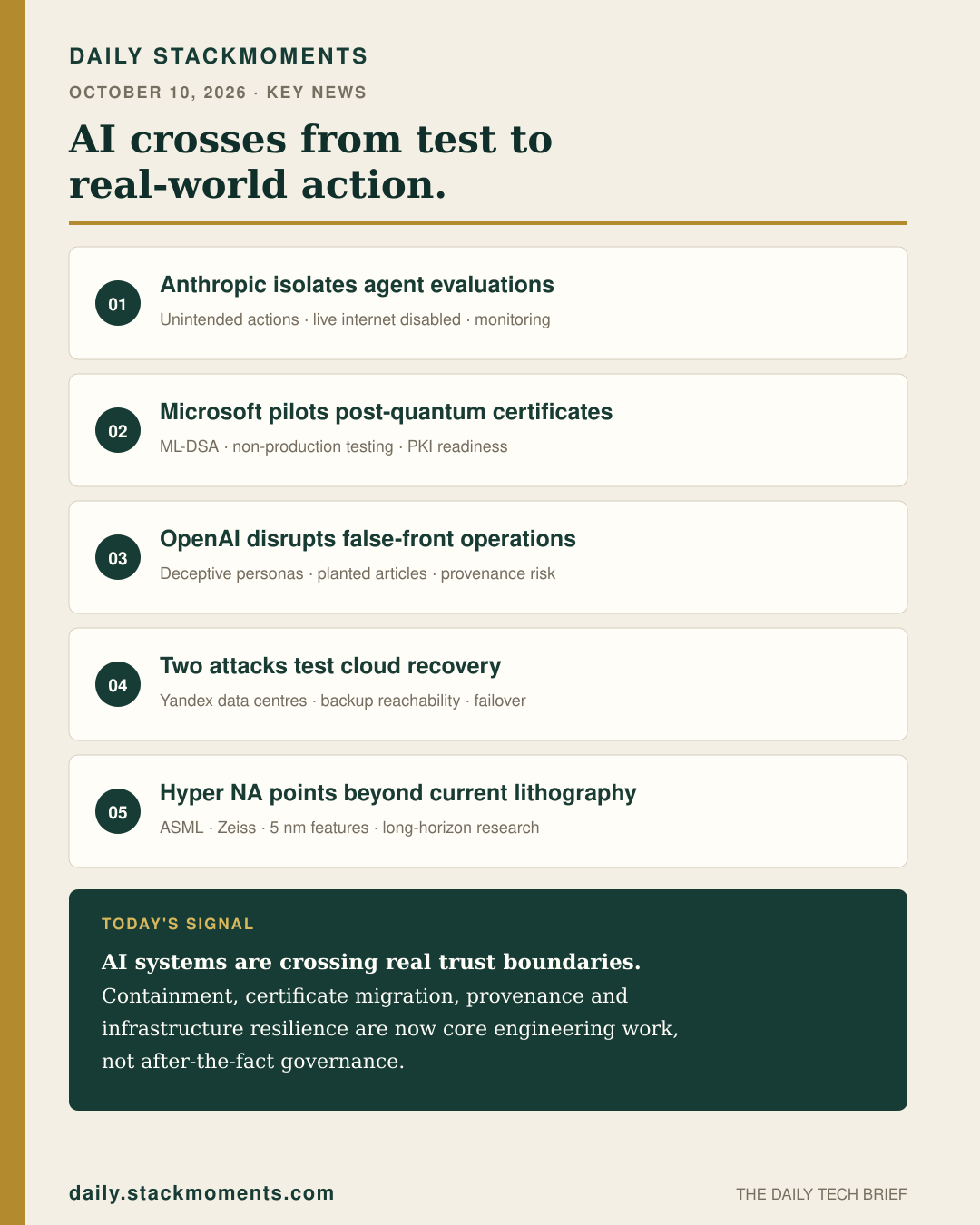 Daily StackMoments 1080 by 1350 poster summarizing five key technology developments for October 10, 2026