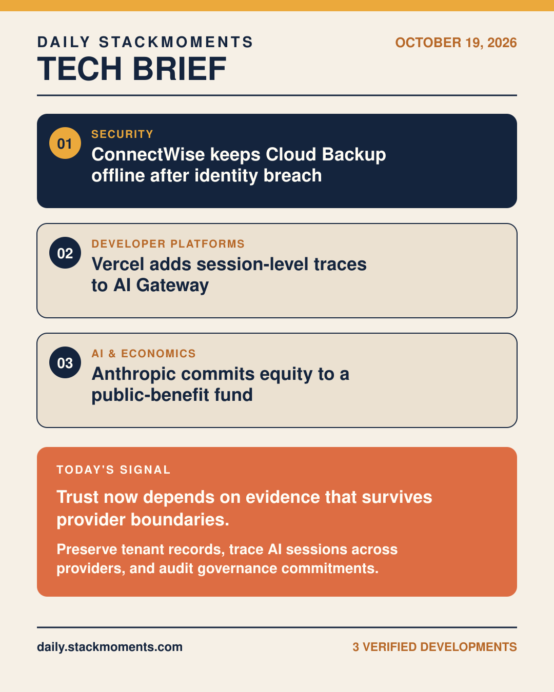 Daily StackMoments 1080 by 1350 poster summarizing three key technology developments for October 19, 2026